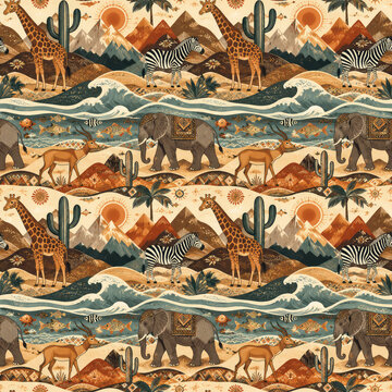 African Safari Wildlife Seamless Pattern with Giraffes, Zebras, Elephants and Tribal Landscape