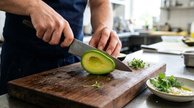 A person slices avocado on a wooden cutting board in a bright kitchen.