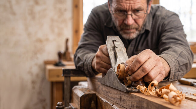 Man woodworker using hand plane on timber in workshop. Skilled carpenter shaving wooden board with metal tool to create furniture. Traditional woodworking craft and manual labor concept.