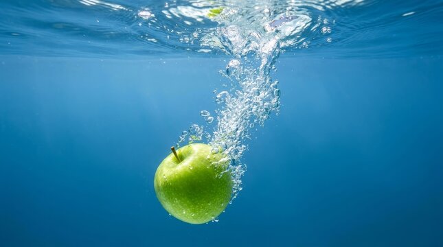 Green apple plunges into clear water and bubbles rise upward.