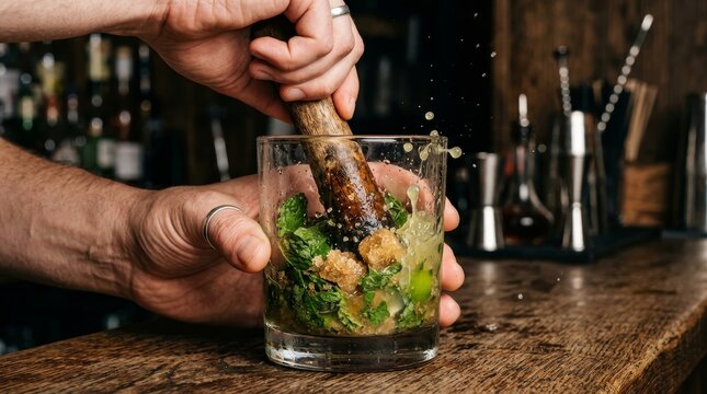 A hand muddles mint leaves in a glass with a wooden muddler.