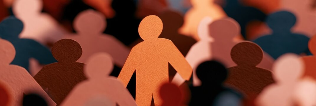 Close paper people crowd with central orange figure focused for teamwork background and social banner design emphasizing unity