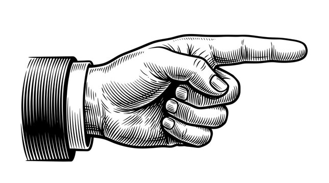 Detailed vintage woodcut vector illustration of a pointing hand gesture with sharp black ink lines
