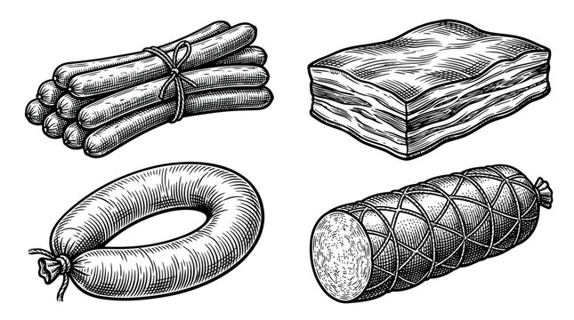Detailed vector illustration of assorted smoked meat products including sausages bacon and cured salami links
