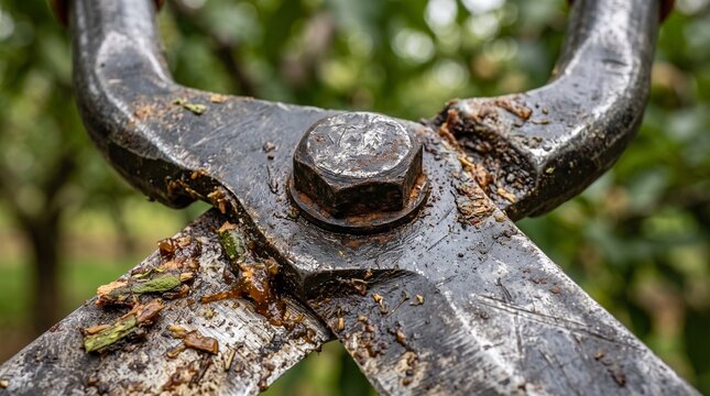 Close-up of old rusty metal bolt and weathered garden tool hinge.
