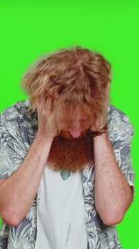 Dont want to hear, listen, quiet. Frustrated annoyed irritated man covering ears gesturing no, avoiding advice ignoring unpleasant noise loud voices. Redhead guy isolated on chroma key background