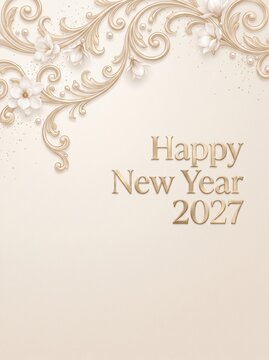 Elegant Happy New Year 2027 Greeting with Gold Floral Ornaments