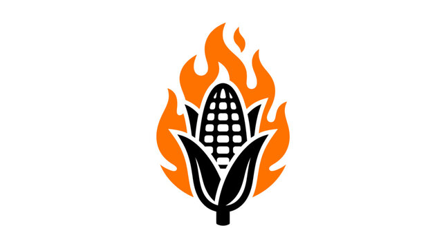 Flaming corn cob vector illustration featuring bold black lines with vibrant orange fire shapes behind it