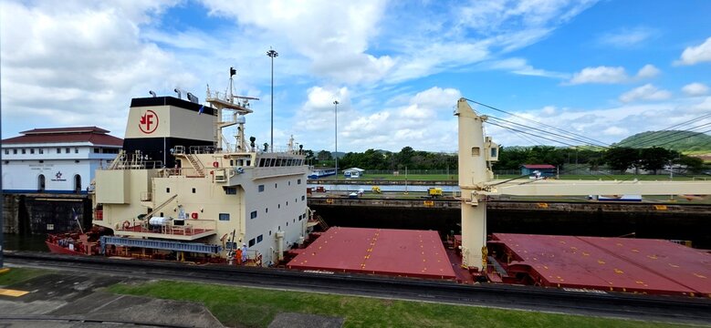 Cargo Ship Superstructure and Deck Transiting Panama Canal Locks