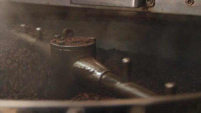 Macro shot of aromatic coffee beans during the roasting process.