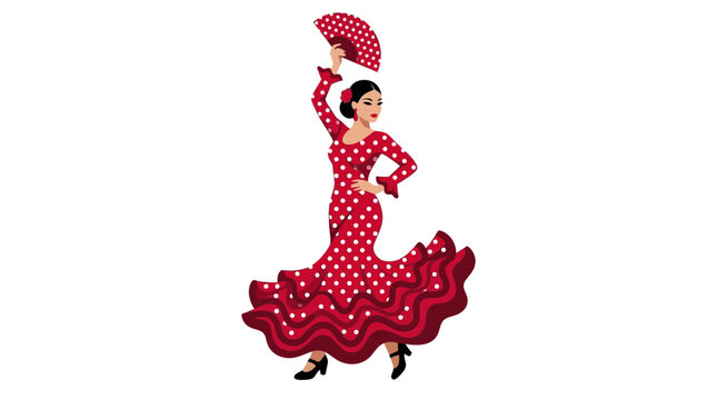 Flamenco dancer wearing a bright red polka dot dress in this detailed artistic digital vector illustration