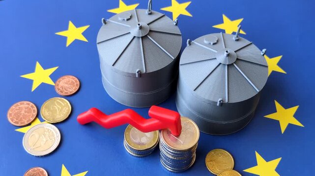 Liquefied gas storage tanks set against the EU flag as a background for your design