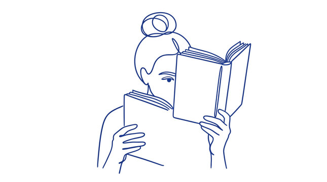 Minimalist blue line art vector illustration showing a studious woman reading an open hardback book