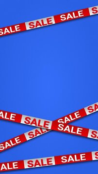 Red and White Sale Tape Strips Crossing on Blue Background. Animated Promotional Banner for Shopping Discount and Retail Sale Campaign.