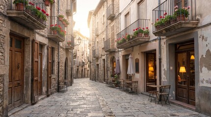 Fototapeta premium Narrow cobblestone street with stone buildings and flower filled balconies glowing under warm golden sunlight