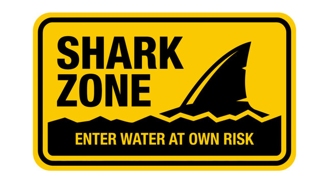 Warning vector graphic illustration featuring a yellow shark zone sign with black bold typography text