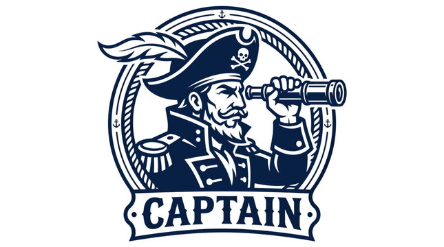 Detailed nautical captain vector illustration featuring a bearded pirate holding a telescope within circular emblem frame