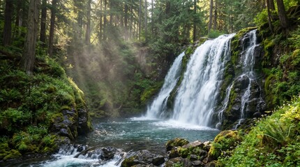 Majestic waterfall cascading over mossy rocks into a tranquil forest pool with vibrant morning light rays © World Art 2.0