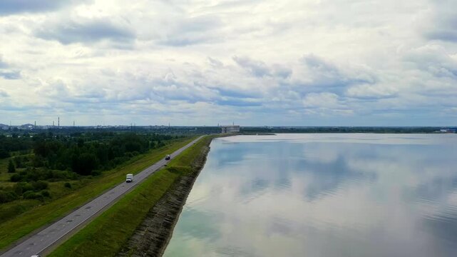 Rybinsk, Russia. Drone footage of the Rybinsk hydroelectric power plant. Drone footage, Departure of the camera