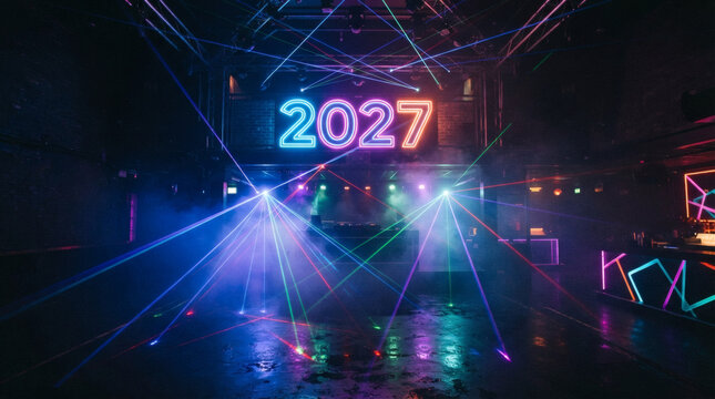 2027 neon sign in nightclub with laser lights. Future party atmosphere, festive background, vibrant lighting effects.