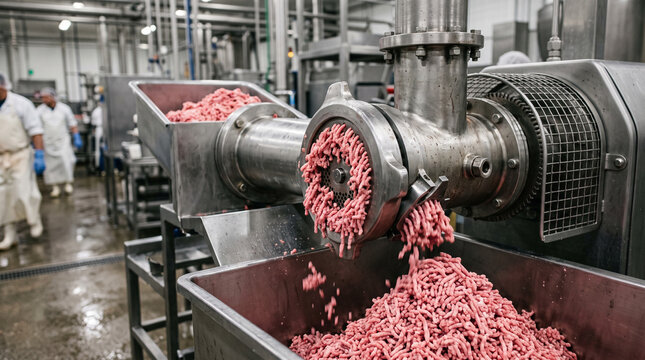Mid-shot of freshly minced meat being smoothly poured from a large industrial bowl cutter into a stainless steel sausage stuffer machine, continuous flow of finely ground meat, polished food-grade