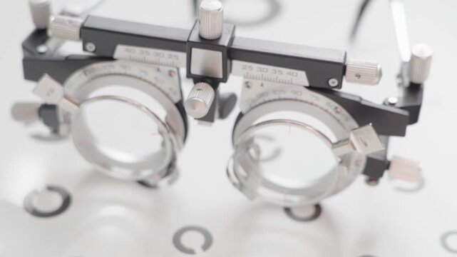 Close-up of a slit lamp microscope. Metallic frame with adjustable lenses is visible. Circular targets are on the examination table. Used for eye health assessments and ophthalmology