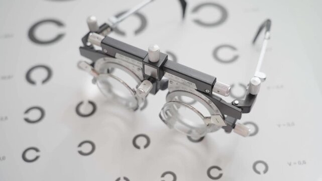 Reading glasses lie on an eye chart. Metal frames hold adjustable lenses. Circular targets form the test pattern. Medical context for vision exams. Optometry professionals use this setup
