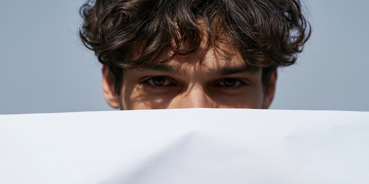 Close up young man peeking over white paper sheet with intense eyes on plain background for mystery banner and editorial layout