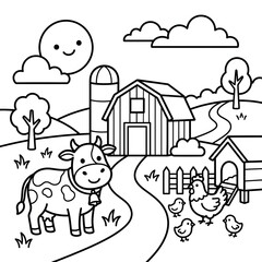 Cartoon farm animals and farmer enjoying a sunny day.