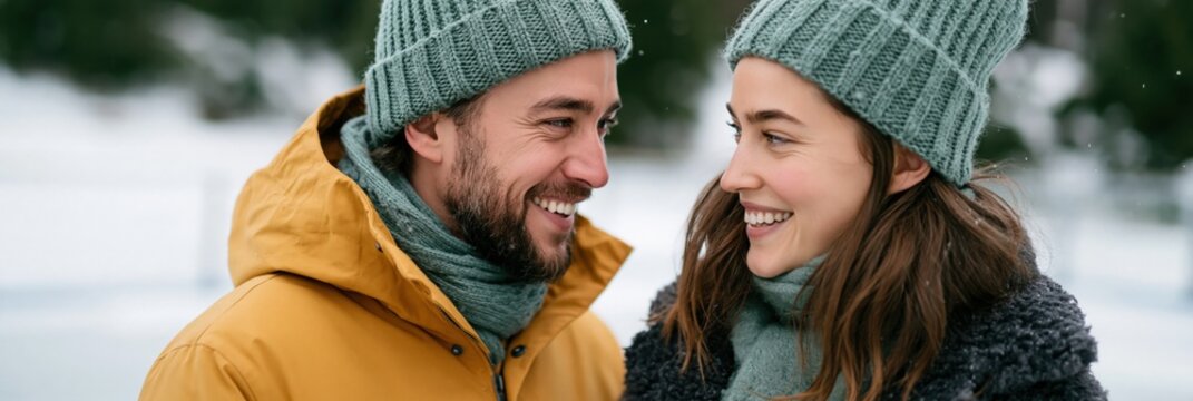 Smiling young couple in knit hats and scarves in snowy outdoor background for winter banner and romantic seasonal background for design