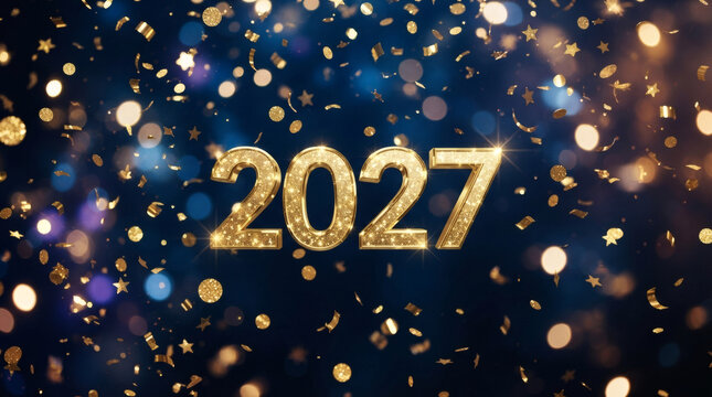 Happy New Year 2027 text, Glittering gold numbers, Sparkling bokeh background, Celebration design template, Festive holiday card concept with copy space