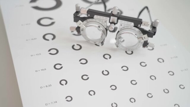 White eye chart shows letter symbols and circular marks. Mechanical testing device rests on the chart. Metal lenses and frame are visible. Used for vision examinations. Fits medical content projects