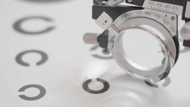 Close-up of an eye chart with 'C' symbols. Eye testing device positions the chart accurately. Focus highlights measurement markings on the tool. Ideal for vision diagnosis scenarios