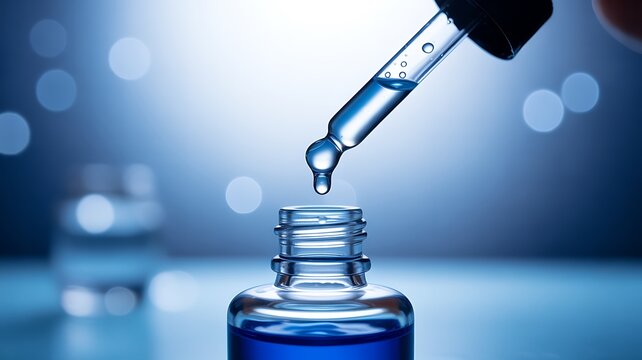 A dropper releasing clear liquid into a glass bottle against a blue bokeh background enhancing beauty product imagery