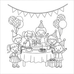 Children celebrating birthday with cake and presents.
