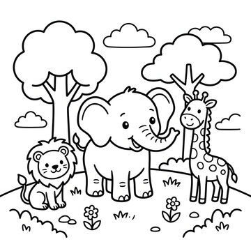 Cartoon giraffe and zebra family in playful pose.