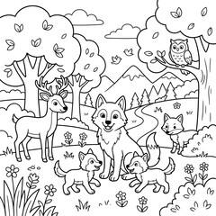 Obraz premium Cute cartoon animals gathered around a tree in a forest.