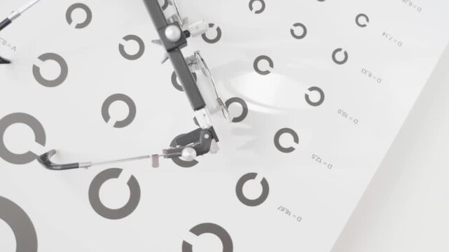 White medical chart displays circular targets for visual acuity testing. Mechanical ophthalmic device is positioned above the chart. Numerical markings like 20/20 appear on the measurement grid