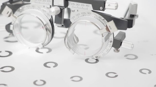 Close-up of eye testing device with circular lenses. White background shows precise optical instruments. Circular markings indicate vision correction measurements. Ideal for eye care, medical