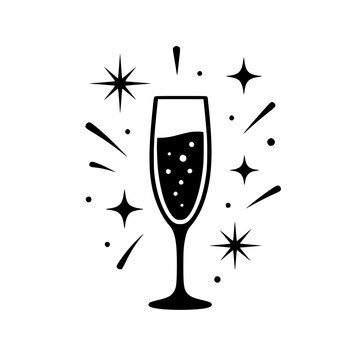 Minimalist black champagne glass silhouette with festive bubbles and stars isolated on white for party or wedding celebrations