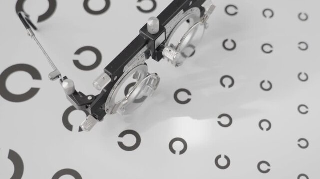 Close-up shows an eye examination device with lenses