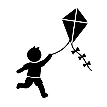 Minimalist black silhouette of a young boy running while flying a kite isolated on a white background.