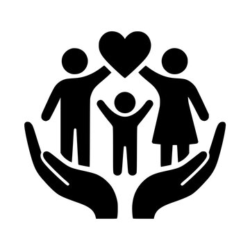 Minimalist black family icon with parents child heart and protective hands for insurance health and social care design