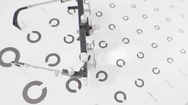 Clear eyeglasses rest on a white surface. Circular patterns surround the glasses. Metal cleaning tool lies nearby. The frame details are prominent. Ideal for eyewear advertising