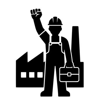 Industrial worker silhouette raising fist in protest with factory backdrop for labor rights and union activism concept