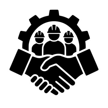 Silhouette icon of industrial partnership featuring handshake, gear, and workers in hard hats for engineering business cooperation.