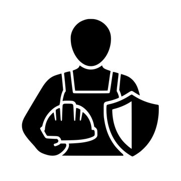Minimalist black construction worker silhouette holding hard hat and safety shield isolated on white for industrial protection