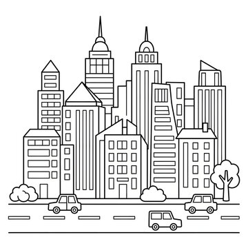 Black and white illustration of a city skyline with skyscrapers 1.