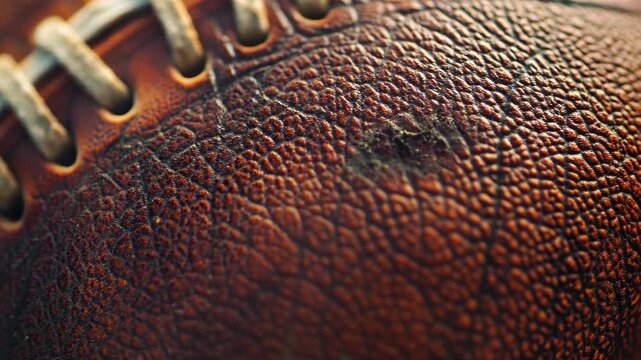 A close-up view of a vintage football showing laces on its surface.
