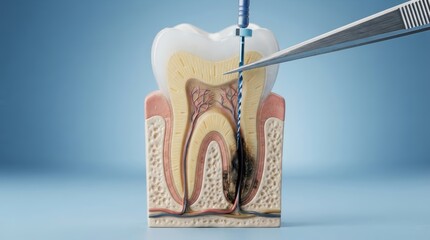 Obraz premium Anatomical tooth cross-section model showing an infected root canal with a dental file in tweezers for endodontic treatment.